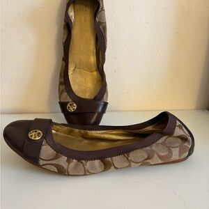 Coach Brown Signature Canvas and Leather Ballet Flats with Gold Logo 10 usa